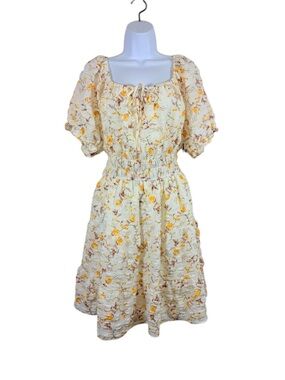 Liberty Love Floral Mini Dress Cream Yellow Puff Sleeve Smocked Waist Boho 2XL